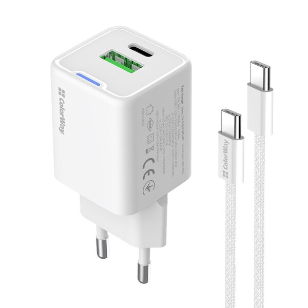Сетевое зарядное устройство ColorWay GaN Mini 30W PD Port PPS USB (Type-C PD + USB QC4.0) White (CW-CHS053PDC-WT) + кабель USB Type-C