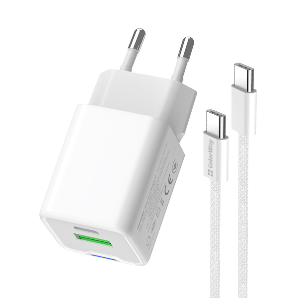 Сетевое зарядное устройство ColorWay GaN Mini 30W PD Port PPS USB (Type-C PD + USB QC4.0) White (CW-CHS053PDC-WT) + кабель USB Type-C