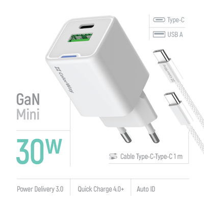 Сетевое зарядное устройство ColorWay GaN Mini 30W PD Port PPS USB (Type-C PD + USB QC4.0) White (CW-CHS053PDC-WT) + кабель USB Type-C