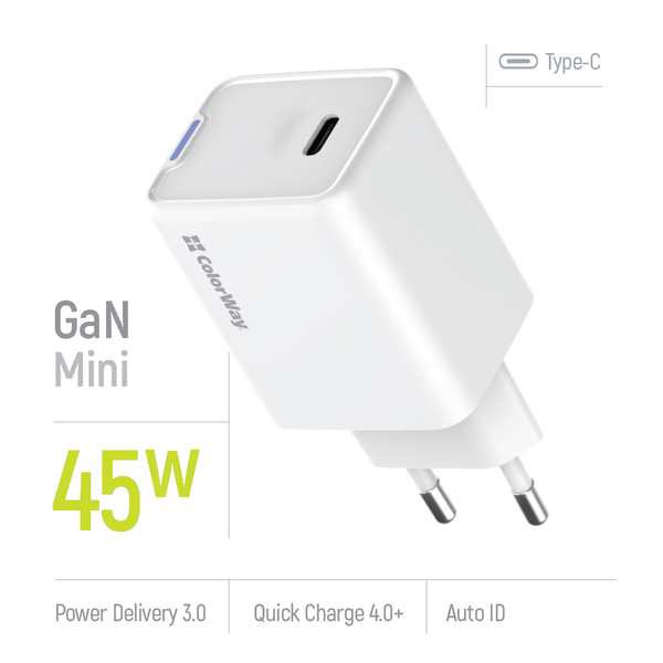 Сетевое зарядное устройство ColorWay GaN Mini 45W PD Port PPS USB-C White (CW-CHS057PD-WT)