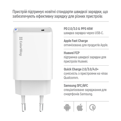 Сетевое зарядное устройство ColorWay GaN Mini 45W PD Port PPS USB-C White (CW-CHS057PD-WT)