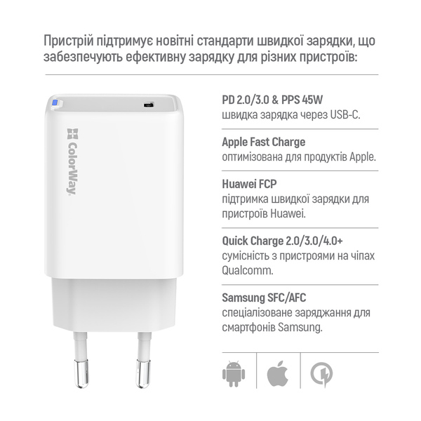 Сетевое зарядное устройство ColorWay GaN Mini 45W PD Port PPS USB-C White (CW-CHS057PD-WT)
