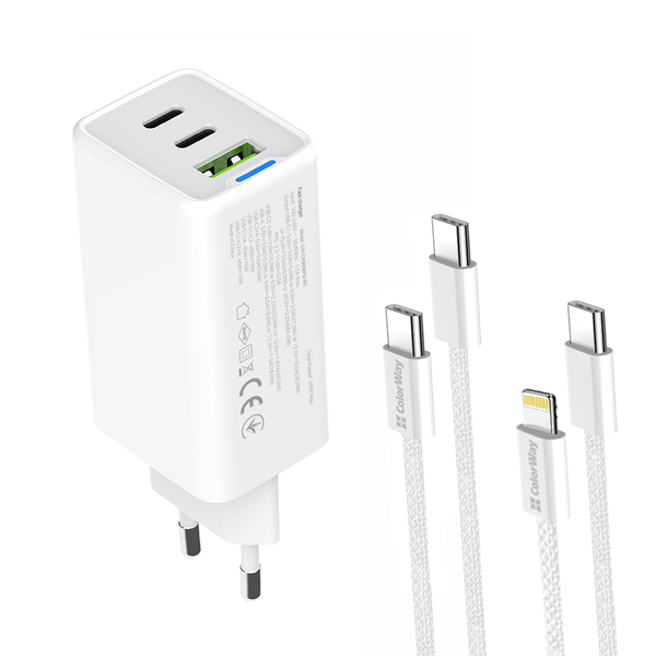 Сетевое зарядное устройство ColorWay GaN Mini 65W PD Port PPS USB (USB-2C1A) White (CW-CHS058PDCL-WT) + кабель Type-C&Lightning