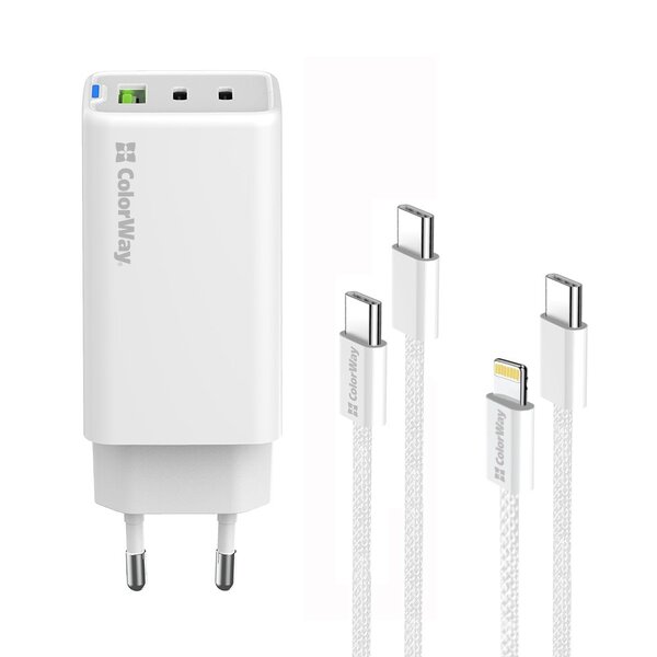 Сетевое зарядное устройство ColorWay GaN Mini 65W PD Port PPS USB (USB-2C1A) White (CW-CHS058PDCL-WT) + кабель Type-C&Lightning