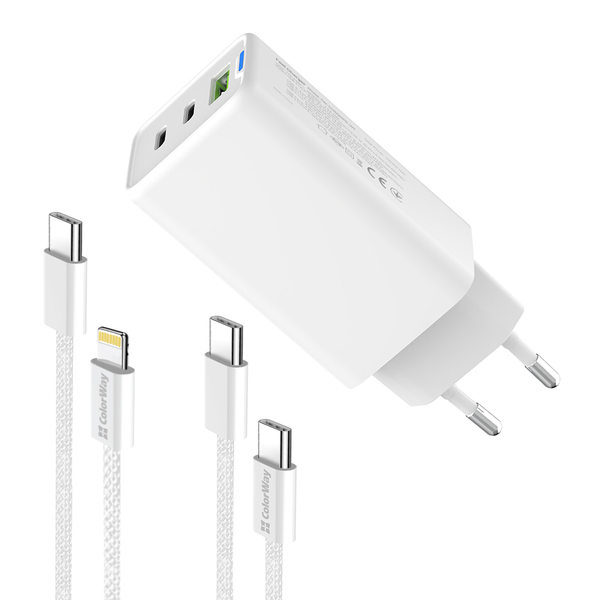 Сетевое зарядное устройство ColorWay GaN Mini 65W PD Port PPS USB (USB-2C1A) White (CW-CHS058PDCL-WT) + кабель Type-C&Lightning