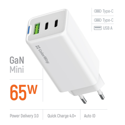 Сетевое зарядное устройство ColorWay GaN Mini 65W PD Port PPS USB (USB-2C1A) White (CW-CHS058PD-WT)