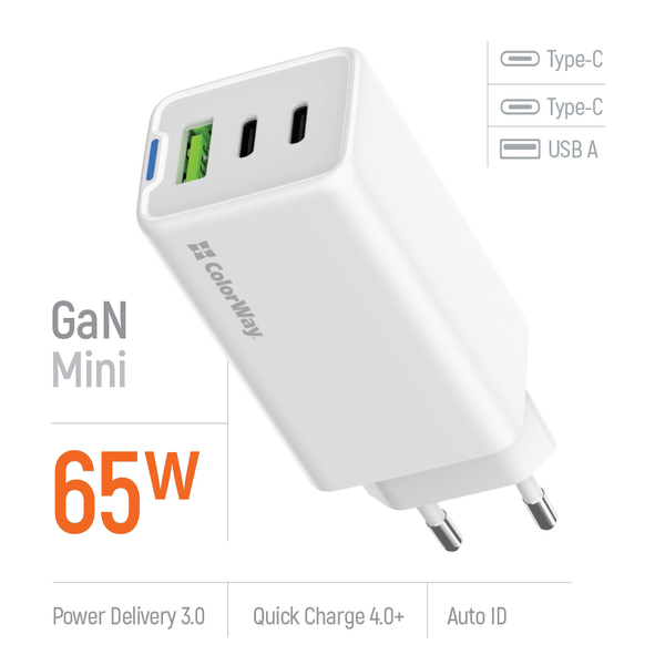 Сетевое зарядное устройство ColorWay GaN Mini 65W PD Port PPS USB (USB-2C1A) White (CW-CHS058PD-WT)
