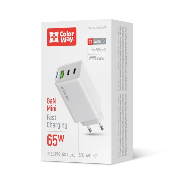 Сетевое зарядное устройство ColorWay GaN Mini 65W PD Port PPS USB (USB-2C1A) White (CW-CHS058PD-WT)