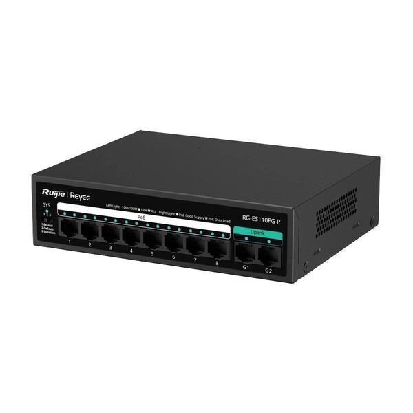 Коммутатор Ruijie Reyee RG-ES110FG-P (8xFE PoE, 2xGE uplink, металлический корпус, max PoE 110W)