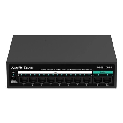 Коммутатор Ruijie Reyee RG-ES110FG-P (8xFE PoE, 2xGE uplink, металлический корпус, max PoE 110W)