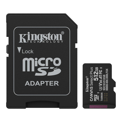 Карта памяти MicroSDXC 512GB UHS-I Class 10 Kingston Canvas Select Plus R150MB/s + SD-адаптер (SDCS3/512GB)