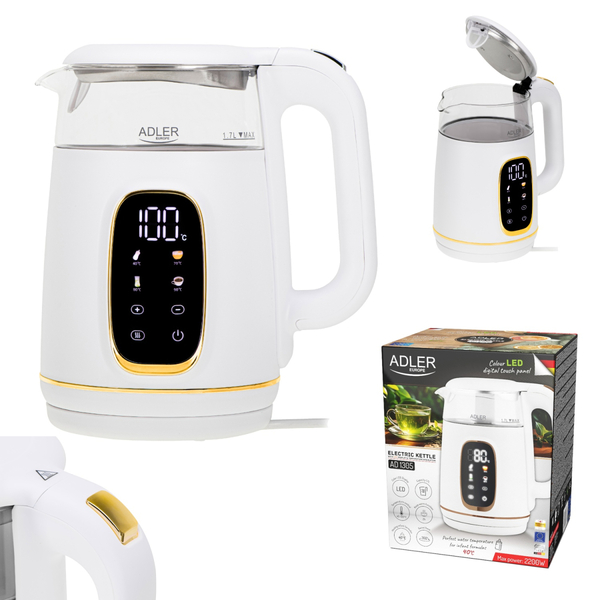 Електрочайник Adler AD 1305 white gold 1850-2200Вт/ 1.7л/ скло/ встановлення температури/