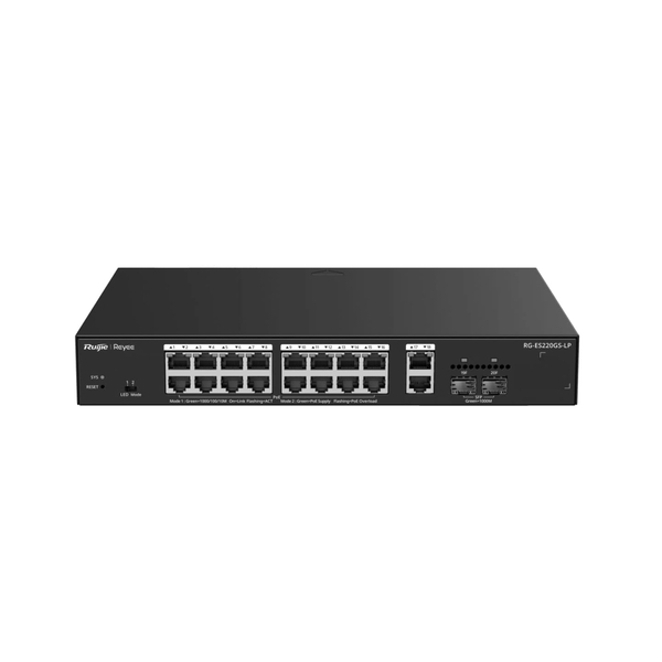 Коммутатор Ruijie Reyee RG-ES220GS-LP (16xPoE+, 2xGE/SFP Uplink, Cloud Managed, max PoE 130W, настольный, металл)
