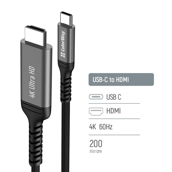 Кабель ColorWay HDMI - USB Type-C (M/M), 4K/60 Гц, 2 м, Black (CW-CBCHD077-BK)