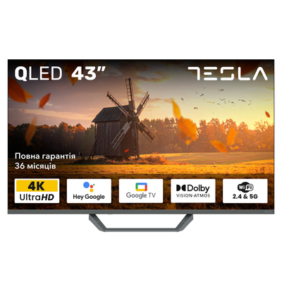 Телевизор Tesla Q43E655GUS/ 43"/ 4K UHD (3840x2160)/ 60 Гц/ со Smart TV/ 2 х 10 Вт/ wi-fi/ bluetooth/ Google TV/ серый