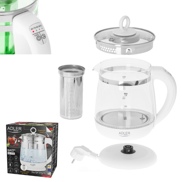 Електрочайник Adler AD 1299 1850-2200Вт/ 1.5л/ скло/ заварник/ встановлення температури/ білий
