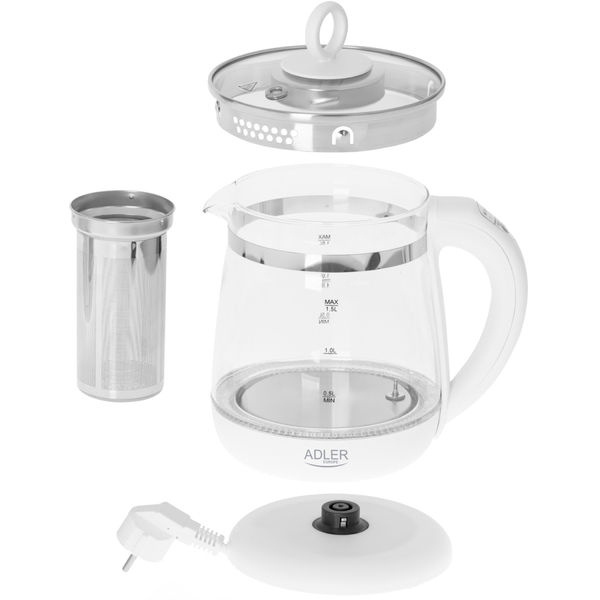 Електрочайник Adler AD 1299 1850-2200Вт/ 1.5л/ скло/ заварник/ встановлення температури/ білий