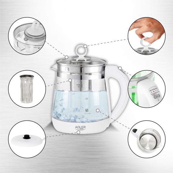 Електрочайник Adler AD 1299 1850-2200Вт/ 1.5л/ скло/ заварник/ встановлення температури/ білий