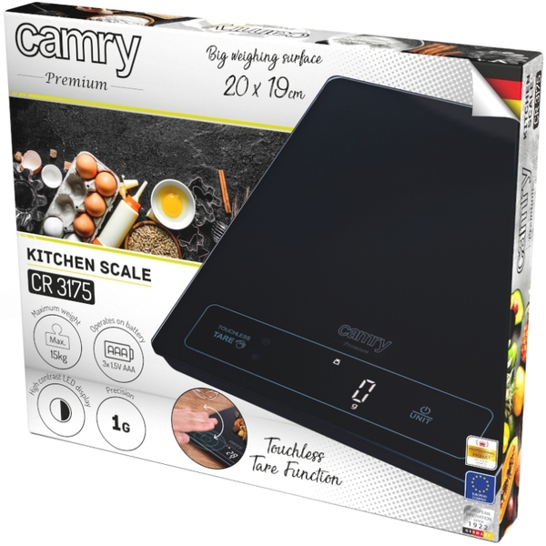 Ваги кухонні Camry CR 3175 black електронні/ 15кг/ г; мл, унція/ USB type C/ автовимкнення/ скло