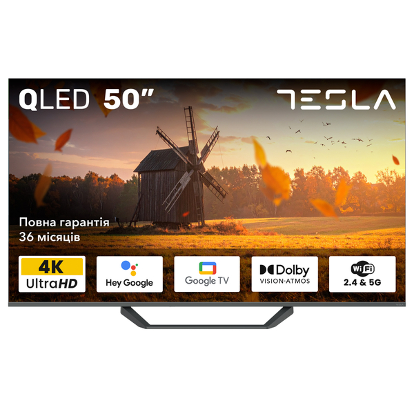 Телевизор Tesla Q50E655GUS/ 50"/ 4K UHD (3840x2160)/ 60 Гц/ со Smart TV/ 2 х 12 Вт/ wi-fi/ bluetooth/ Google TV/ серый