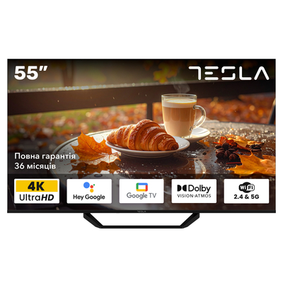 Телевизор Tesla 55E655BUS/ 55"/ 4K UHD (3840x2160)/ 60 Гц/ со Smart TV/ 2 х 12 Вт/ wi-fi/ bluetooth/ Google TV/ черный