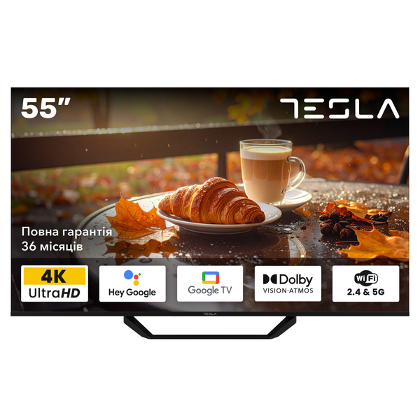 Телевизор Tesla 55E655BUS/ 55"/ 4K UHD (3840x2160)/ 60 Гц/ со Smart TV/ 2 х 12 Вт/ wi-fi/ bluetooth/ Google TV/ черный