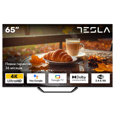 Телевизор Tesla 65E655BUS/ 65"/ 4K UHD (3840x2160)/ 60 Гц/ со Smart TV/ 2 х 12 Вт/ wi-fi/ bluetooth/ Google TV/ черный