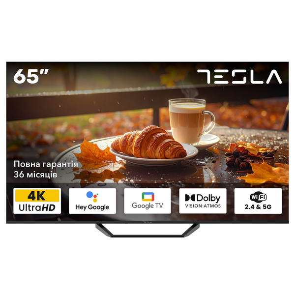 Телевизор Tesla 65E655BUS/ 65"/ 4K UHD (3840x2160)/ 60 Гц/ со Smart TV/ 2 х 12 Вт/ wi-fi/ bluetooth/ Google TV/ черный