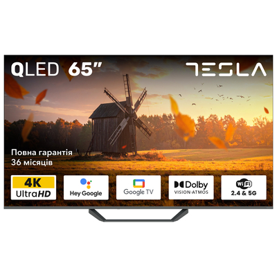 Телевизор Tesla Q65E655GUS/ 65"/ 4K UHD (3840x2160)/ 60 Гц/ со Smart TV/ 2 х 12 Вт/ wi-fi/ bluetooth/ Google TV/ серый