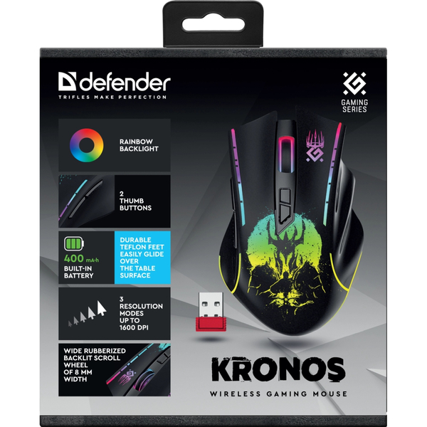 Мишка Defender Kronos GM-695, бездротова, ігрова, 7кн., 1600 dpi., 400 mAh, чорна