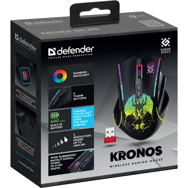 Мишка Defender Kronos GM-695, бездротова, ігрова, 7кн., 1600 dpi., 400 mAh, чорна