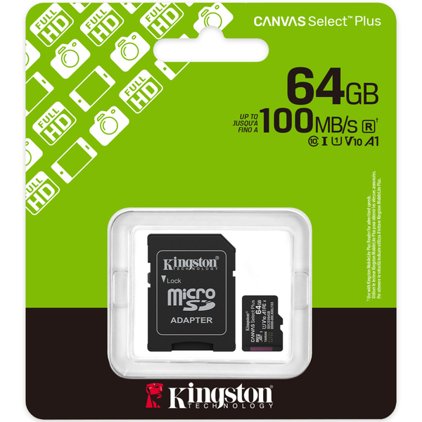 Memory card microSDXC 64Gb Kingston Canvas Select Plus Gen3 100R A1 C10, Retail + adapter