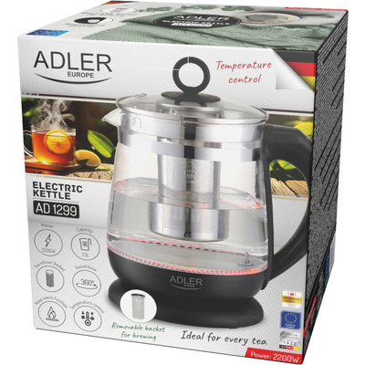 Електрочайник Adler AD 1299 1850-2200Вт/ 1.5л/ скло/ заварник/ встановлення температури/ чорний