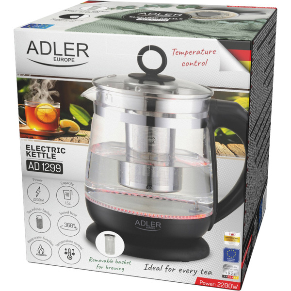 Електрочайник Adler AD 1299 1850-2200Вт/ 1.5л/ скло/ заварник/ встановлення температури/ чорний