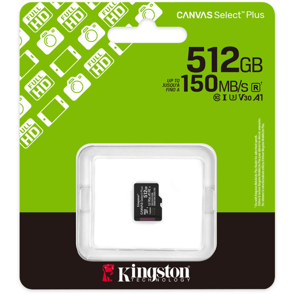 Карта пам'яті Kingston microSDXC 512GB Canvas Select Plus Gen3 + SD-адаптер (C10, A1)