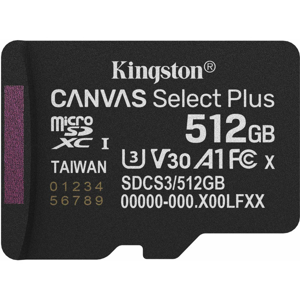Карта пам'яті Kingston microSDXC 512GB Canvas Select Plus Gen3 + SD-адаптер (C10, A1)