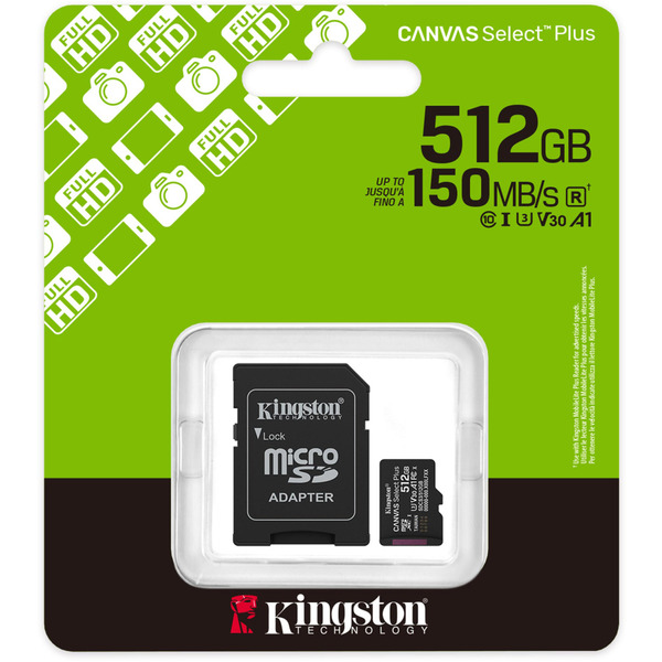 Карта пам'яті Kingston microSDXC 512GB Canvas Select Plus Gen3 + SD-адаптер (C10, A1)