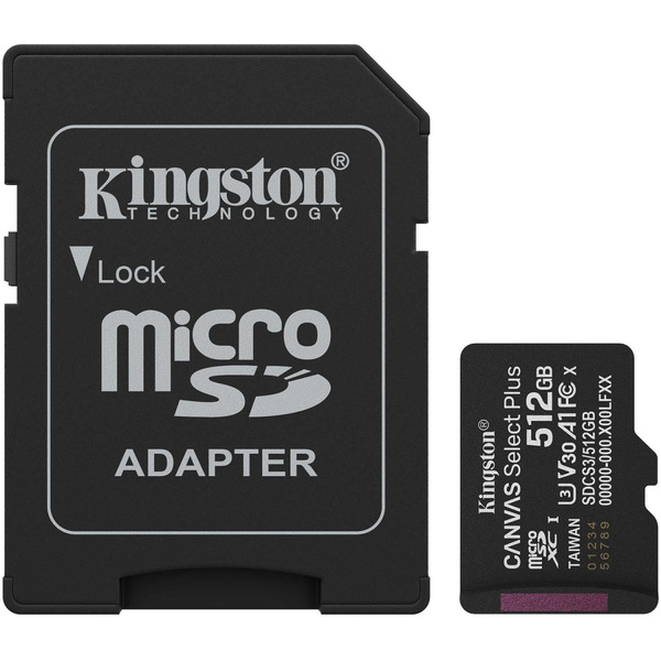 Карта пам'яті Kingston microSDXC 512GB Canvas Select Plus Gen3 + SD-адаптер (C10, A1)
