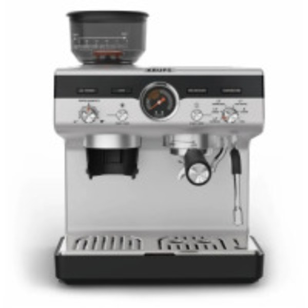 Кавоварка Krups ріжкова Precision+, 3.5л, вдубована кавомолка, ручний капучинатор, 15 бар, чорний-сірий