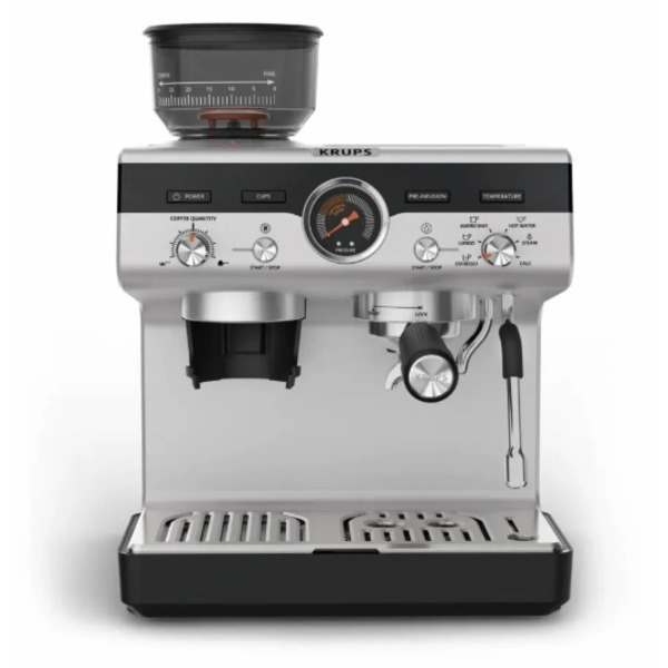 Кавоварка Krups ріжкова Precision+, 3.5л, вдубована кавомолка, ручний капучинатор, 15 бар, чорний-сірий