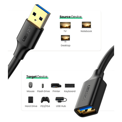 Кабель продовжувач USB 3.0 AM-AF, 3м, Connector gold-plated Чорний, US129 Ugreen