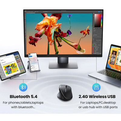 Мишка UGREEN 2.4GHz&amp;BT M751 Ergonomic Contoured-Shape, бездротова, 5000dpi., 5кн., Чорна