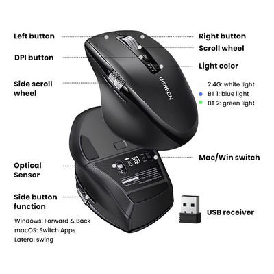 Мишка UGREEN 2.4GHz&amp;BT M751 Ergonomic Contoured-Shape, бездротова, 5000dpi., 5кн., Чорна