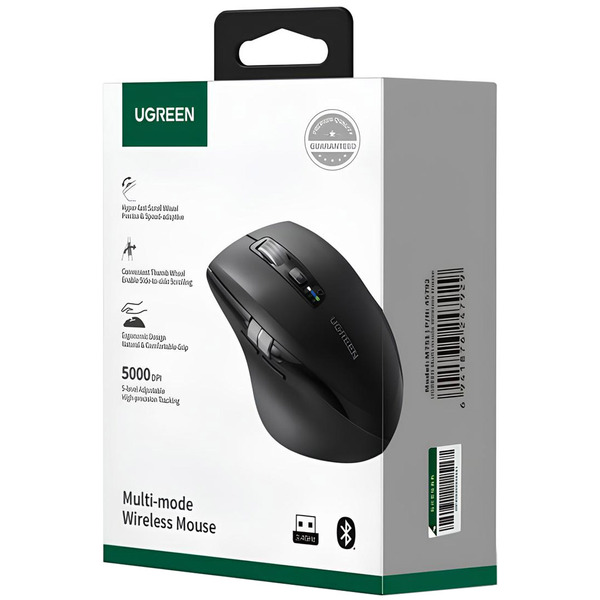 Мишка UGREEN 2.4GHz&BT M751 Ergonomic Contoured-Shape, бездротова, 5000dpi., 5кн., Чорна