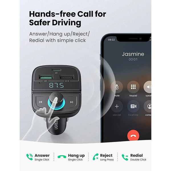 Автозарядка 3xUSB 31,5W (USB-C+2xUSB-A) BT Transmitter + TF Чорна (CD229) UGREEN