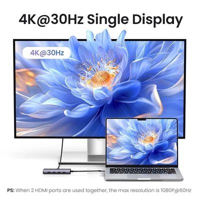 Хаб USB 3.0 Type-C -> 1хUSB-A 3.0/3хUSB-A 2.0/2xHDMI 4K 30Гц  PD  CM498 Ugreen