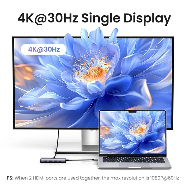 Хаб USB 3.0 Type-C -> 1хUSB-A 3.0/3хUSB-A 2.0/2xHDMI 4K 30Гц  PD  CM498 Ugreen