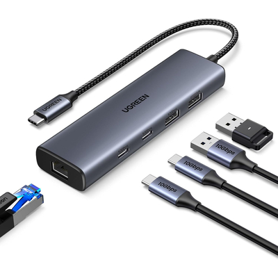 Хаб USB 3.2 Type-C -> 1xUSB-A 3.2/ 1xUSB-A 2.0/2xUSB-C 3.2/ RJ45 PD CM512 сірий UGREEN