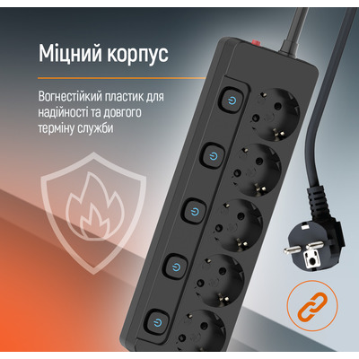 Фильтр питания СolorWay (CW-PSEA52SBK) 5 розеток, 2м, Black