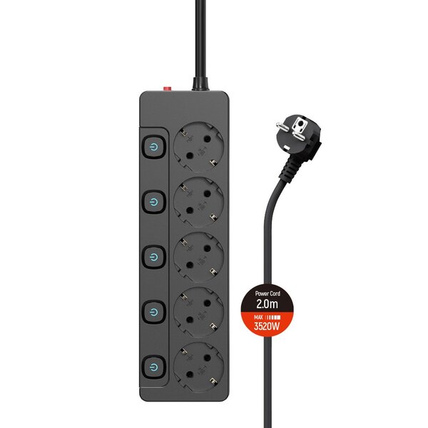 Фильтр питания СolorWay (CW-PSEA52SBK) 5 розеток, 2м, Black